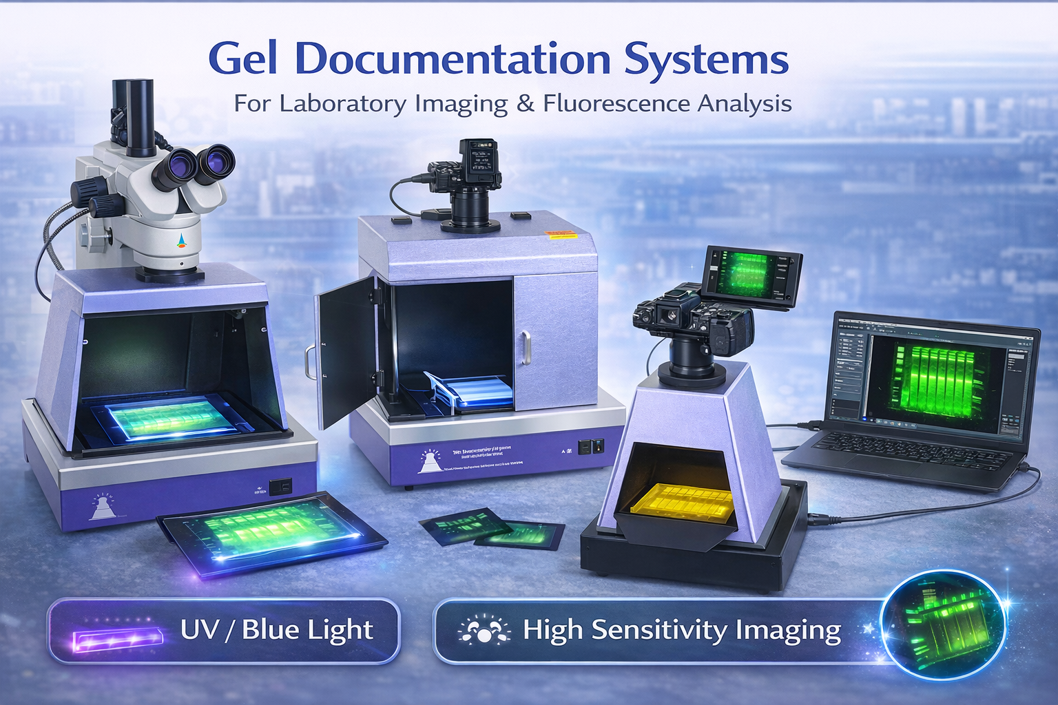 Gel documentation systems for laboratory imaging and fluorescence analysis