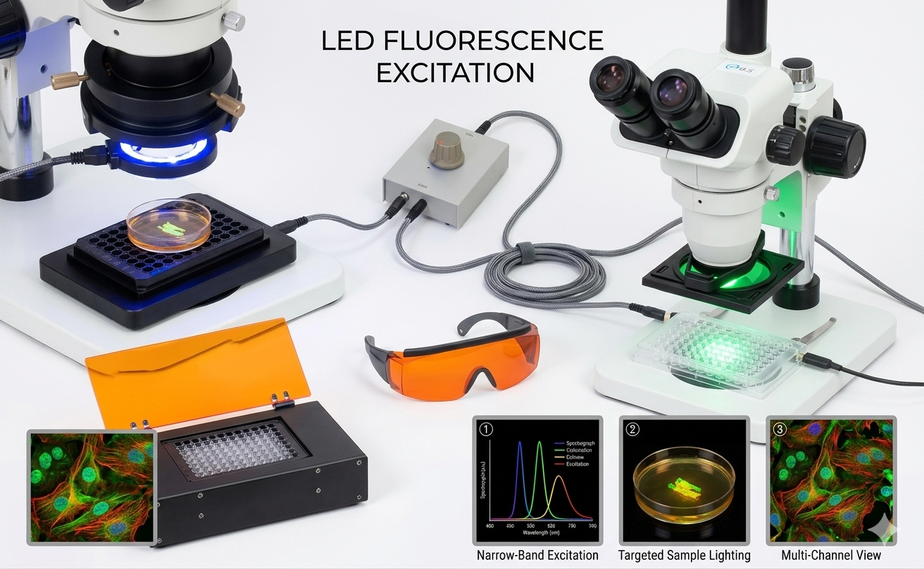 LED fluorescence excitation products for microscopy and optical observation