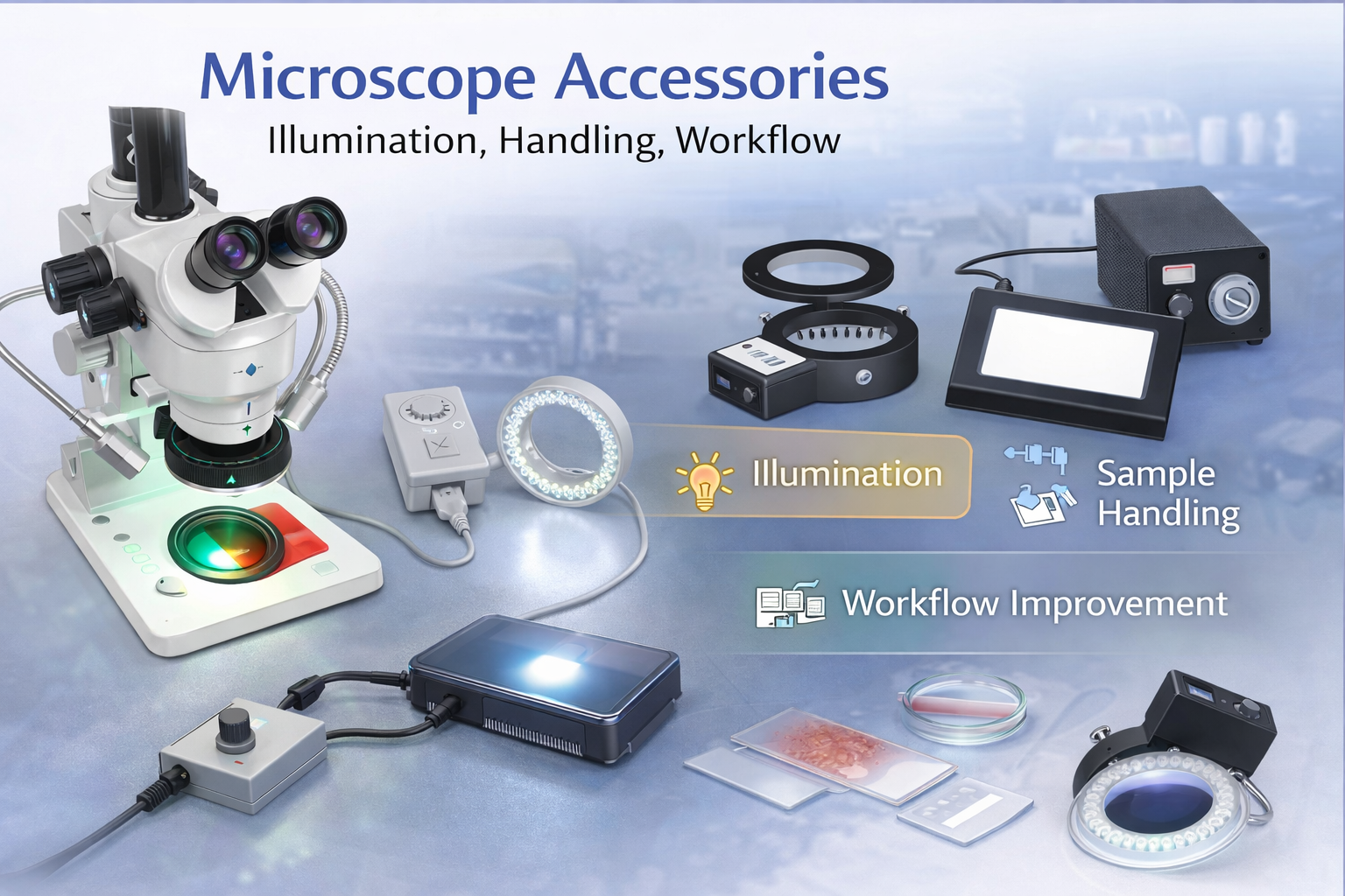 Microscope accessories for illumination, handling, and laboratory workflow improvement