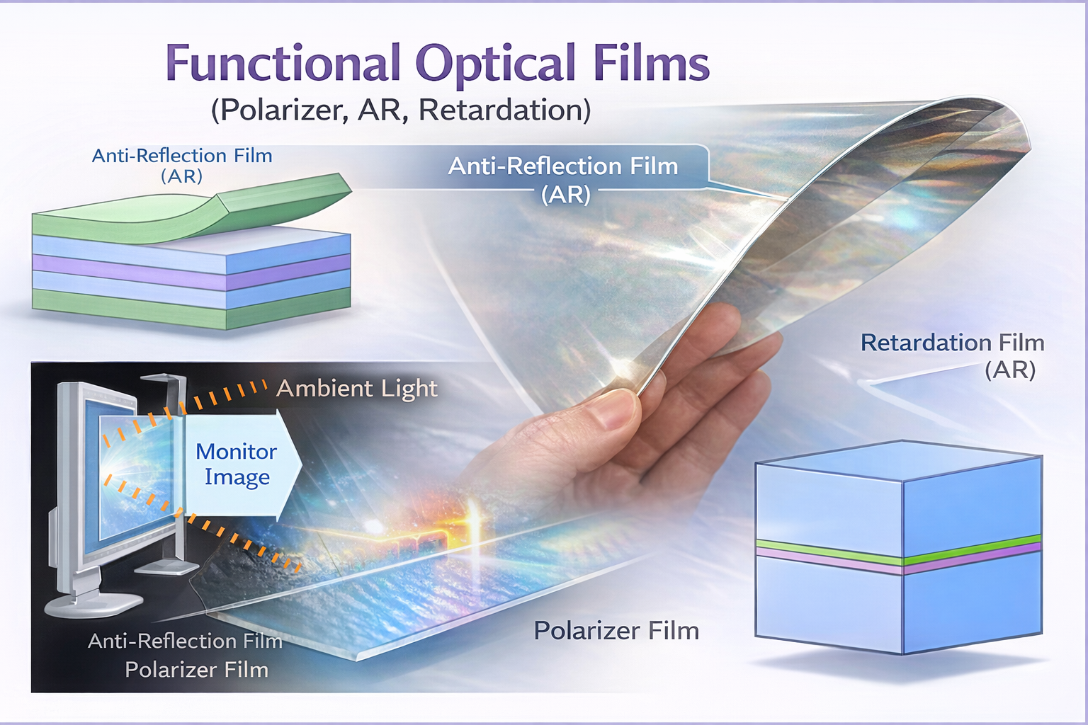 Functional optical films including polarizer films, anti-reflection films, and retardation films for optical applications