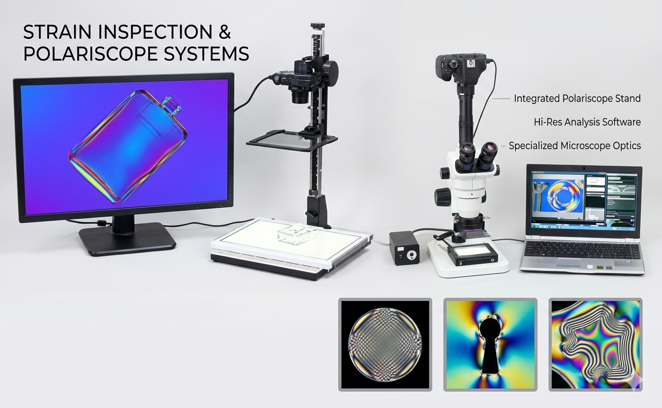 Strain inspection systems using polarized light for material analysis
